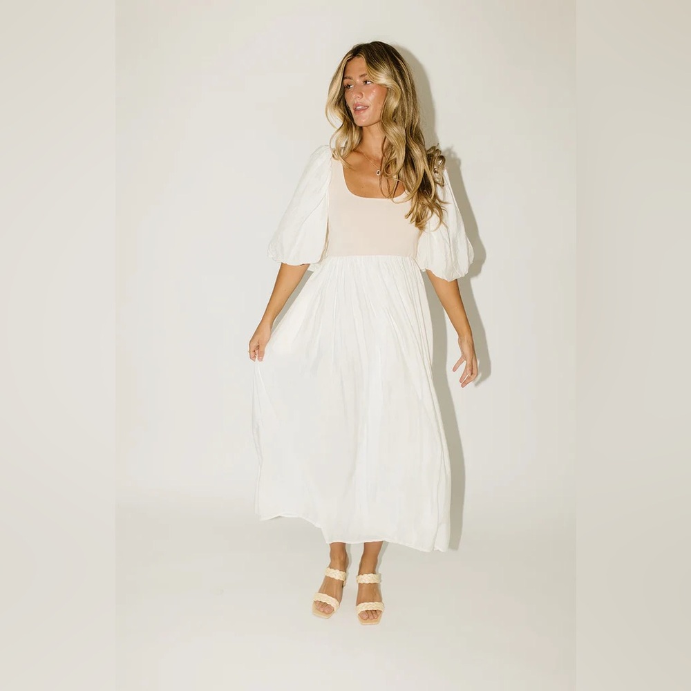 Puff Sleeve Cream Midi Dress (Small)